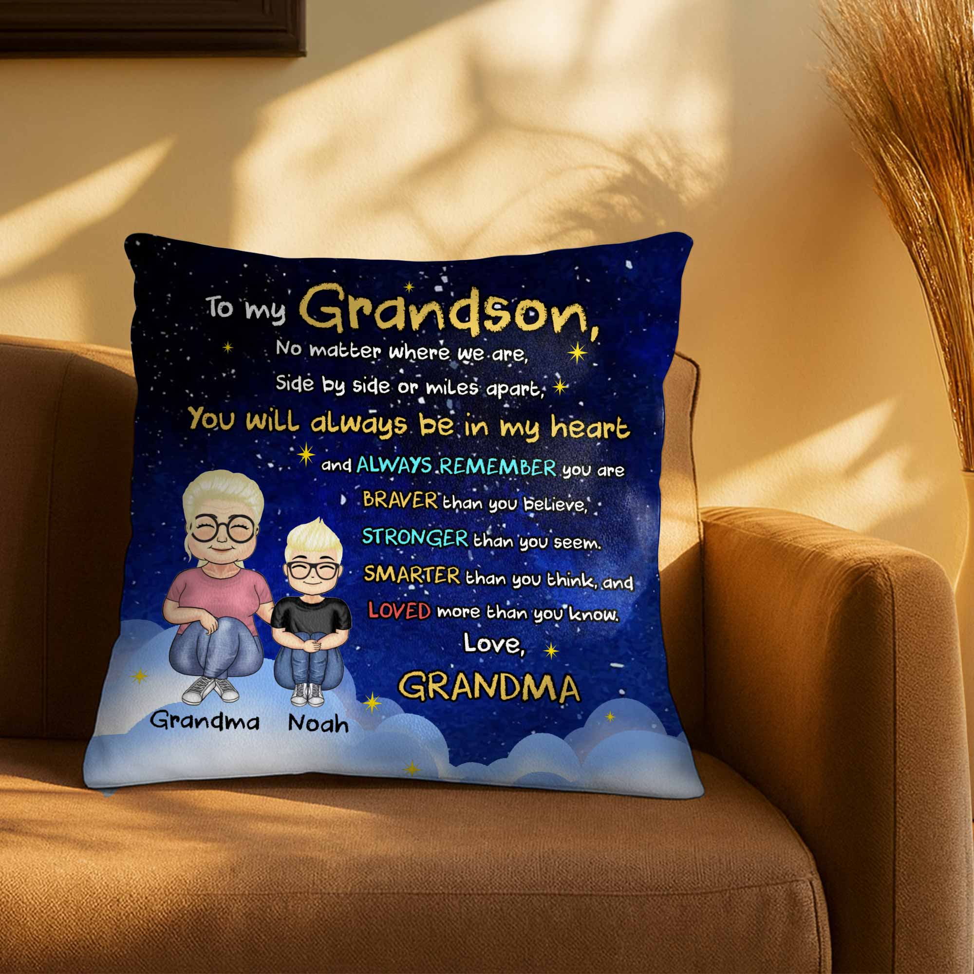 To My Grandson, No Matter Where We Are, Side By Side Or Miles Apart, Cartoon Characters - Personalized Custom Pillow, Insert Included - GSN036_PLW