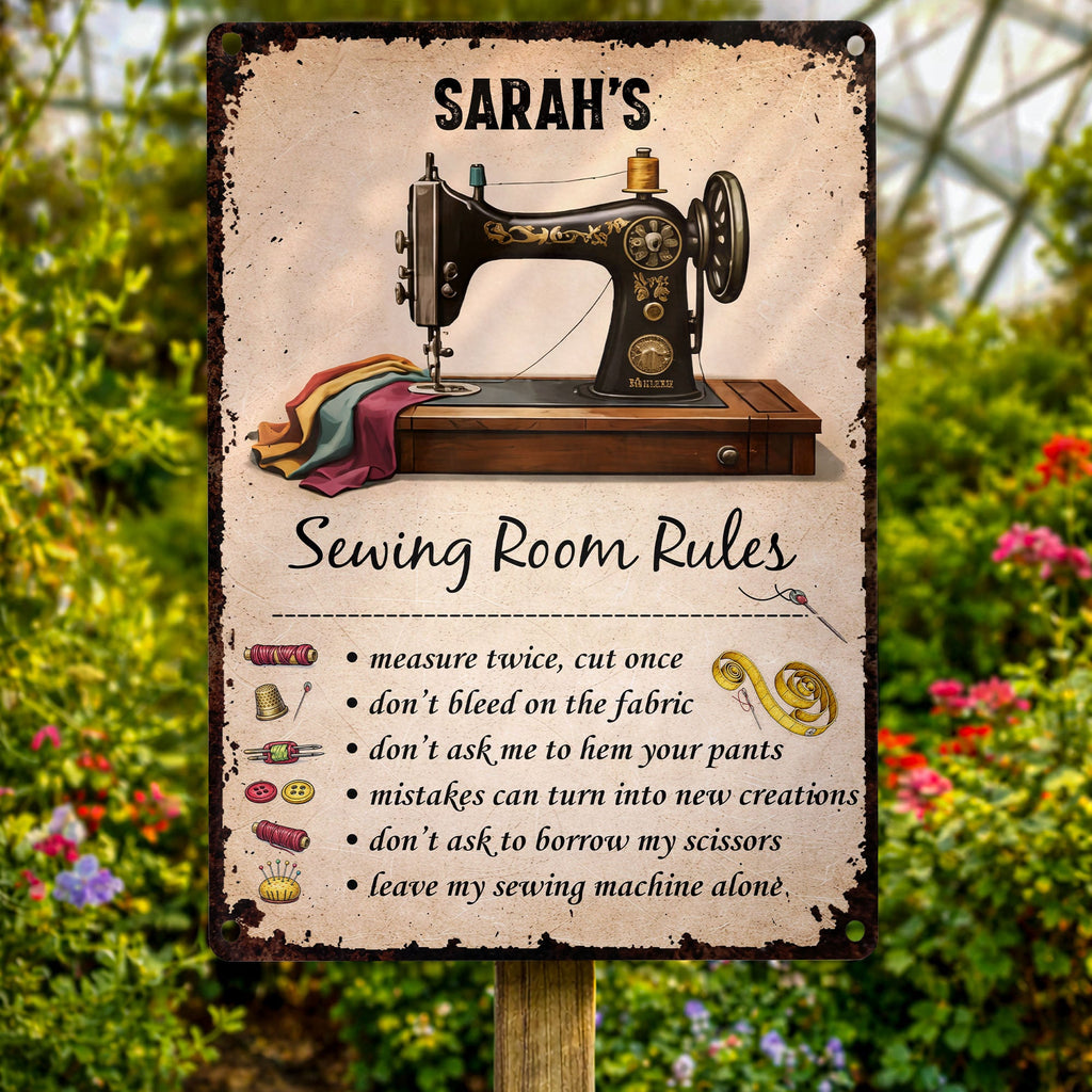 Sewing Room Rules With Vintage Sewing Machine And Tailor Tools