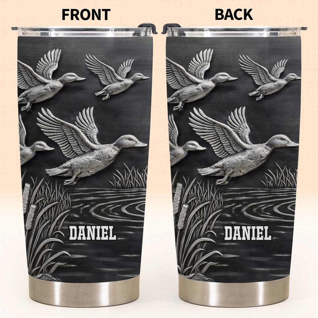 Geese In Flight Over Tranquil Landscape Tumbler