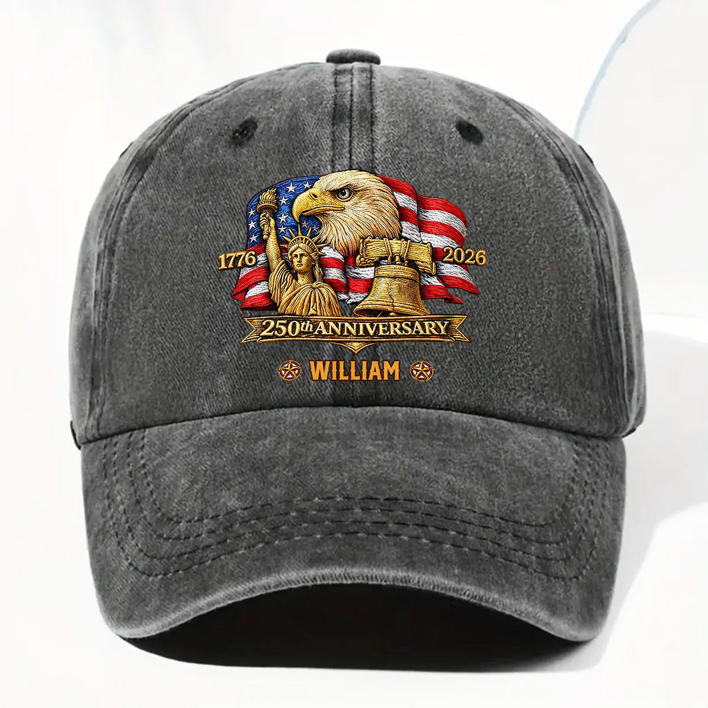 250th Anniversary Bald Eagle Statue Of Liberty And Flag Patriotic Design - Personalized Custom Washed Denim Cap - INDE185_WDCAP