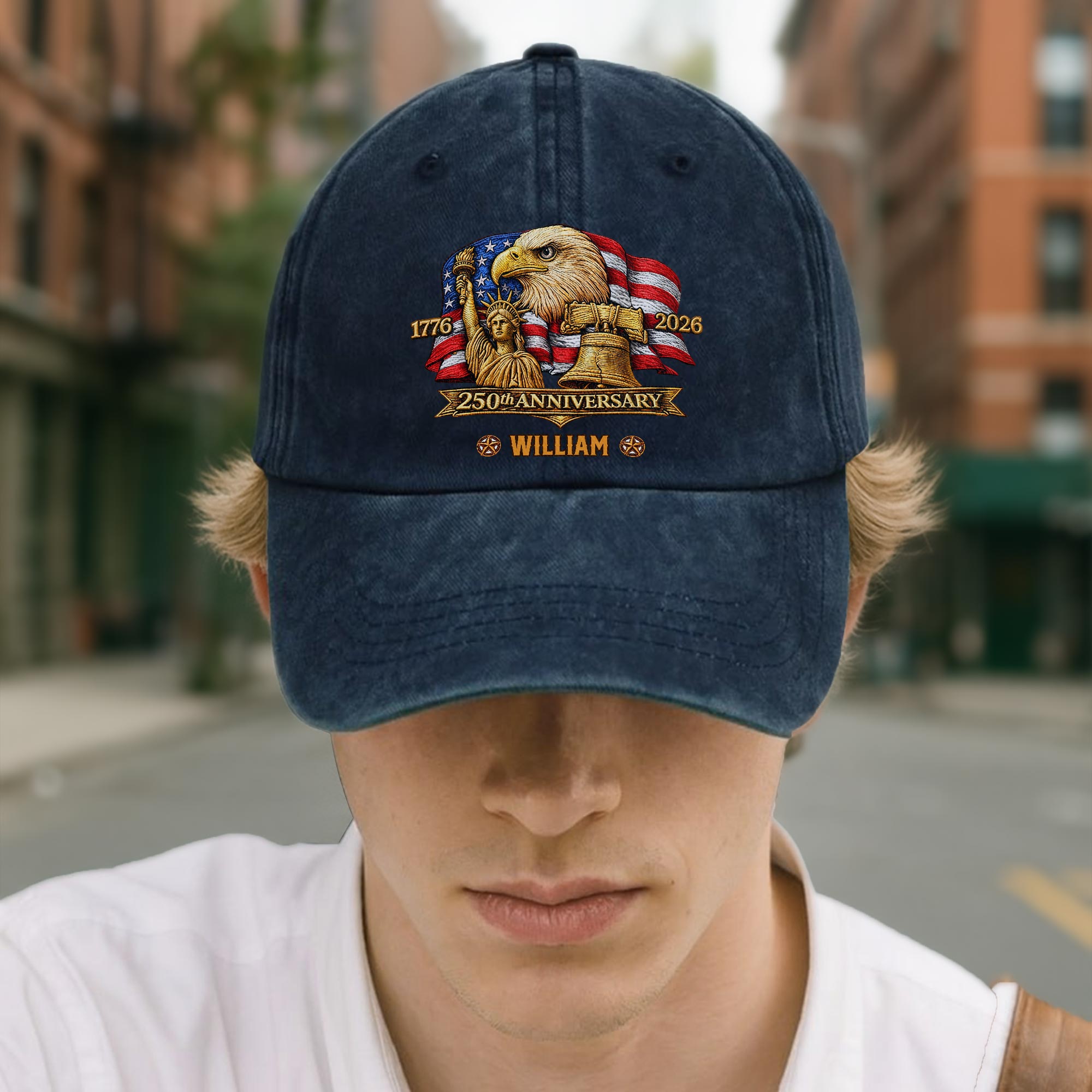 250th Anniversary Bald Eagle Statue Of Liberty And Flag Patriotic Design - Personalized Custom Washed Denim Cap - INDE185_WDCAP