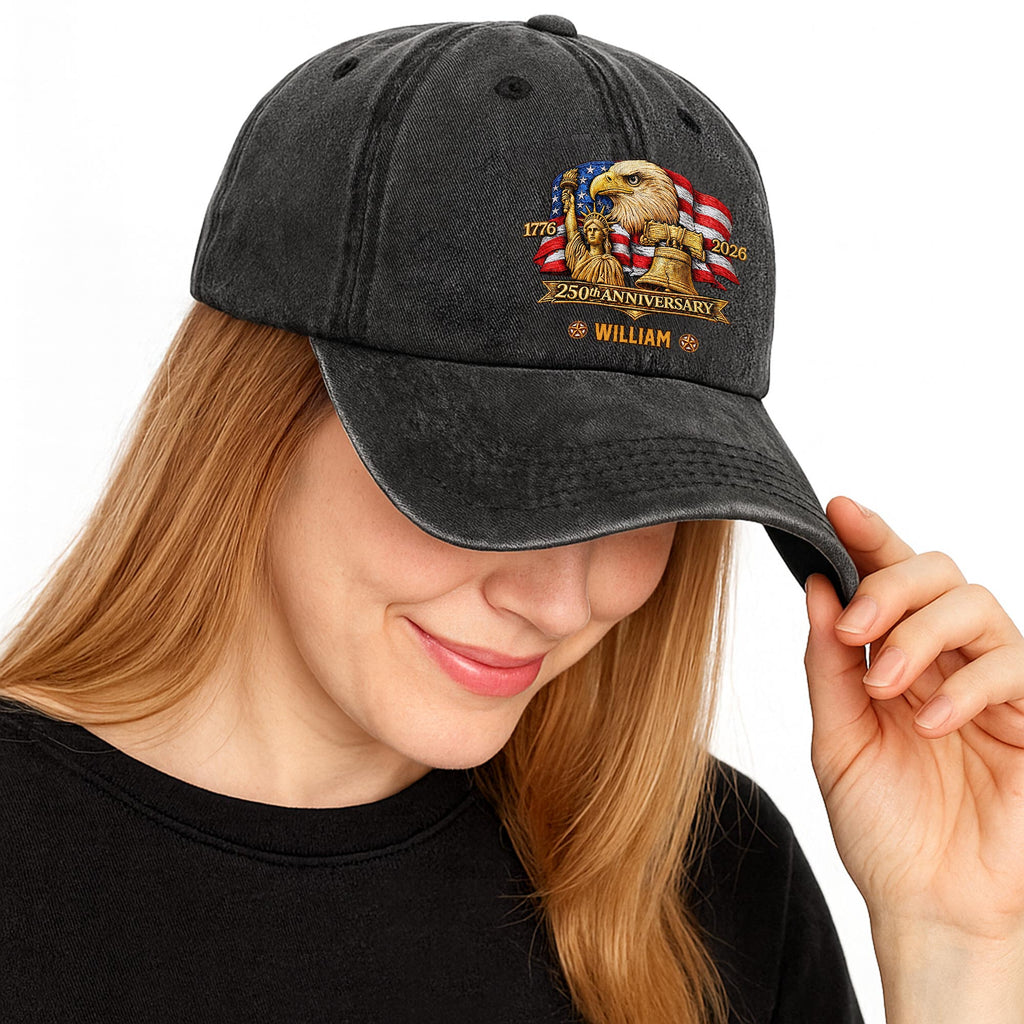 250th Anniversary Bald Eagle Statue Of Liberty And Flag Patriotic Design - Personalized Custom Washed Denim Cap - INDE185_WDCAP