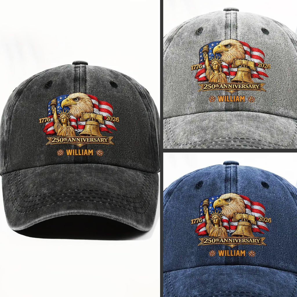 250th Anniversary Bald Eagle Statue Of Liberty And Flag Patriotic Design - Personalized Custom Washed Denim Cap - INDE185_WDCAP