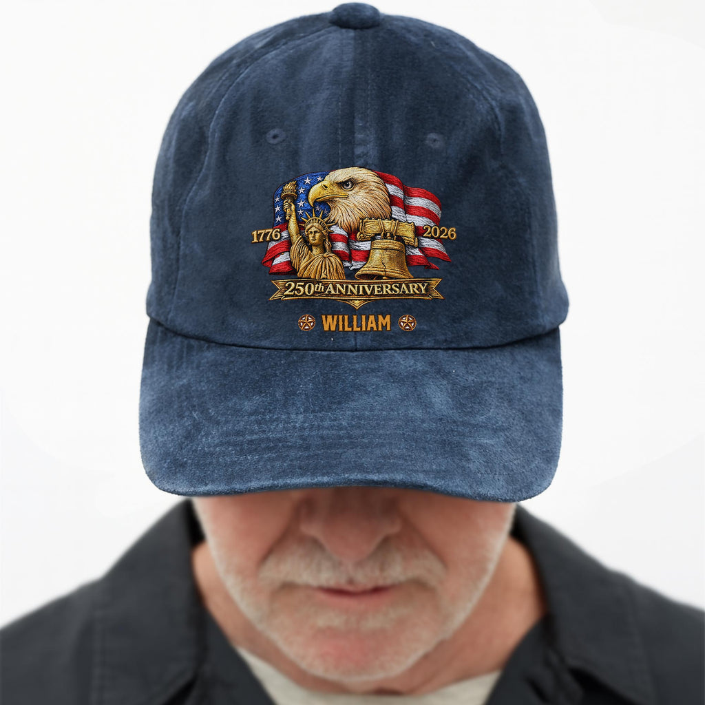 250th Anniversary Bald Eagle Statue Of Liberty And Flag Patriotic Design - Personalized Custom Washed Denim Cap - INDE185_WDCAP