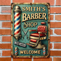 Welcome To Our Barber Shop, Barber Pole And Chair - Personalized Metal Sign - JBS045_MSIGN