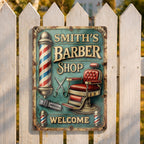 Welcome To Our Barber Shop, Barber Pole And Chair - Personalized Metal Sign - JBS045_MSIGN