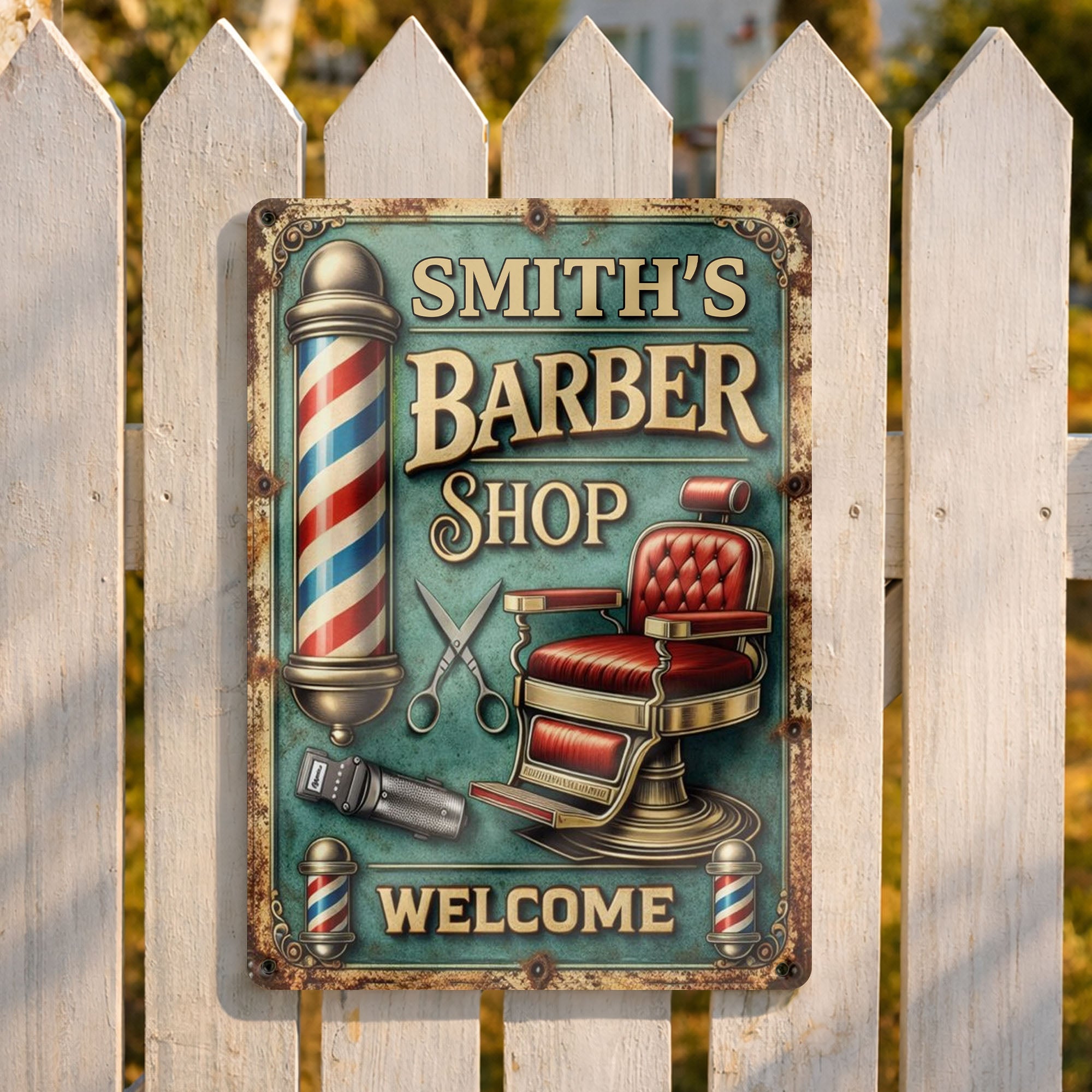 Welcome To Our Barber Shop, Barber Pole And Chair - Personalized Metal Sign - JBS045_MSIGN