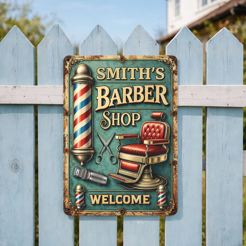 Welcome To Our Barber Shop, Barber Pole And Chair - Personalized Metal Sign - JBS045_MSIGN
