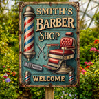 Welcome To Our Barber Shop, Barber Pole And Chair - Personalized Metal Sign - JBS045_MSIGN