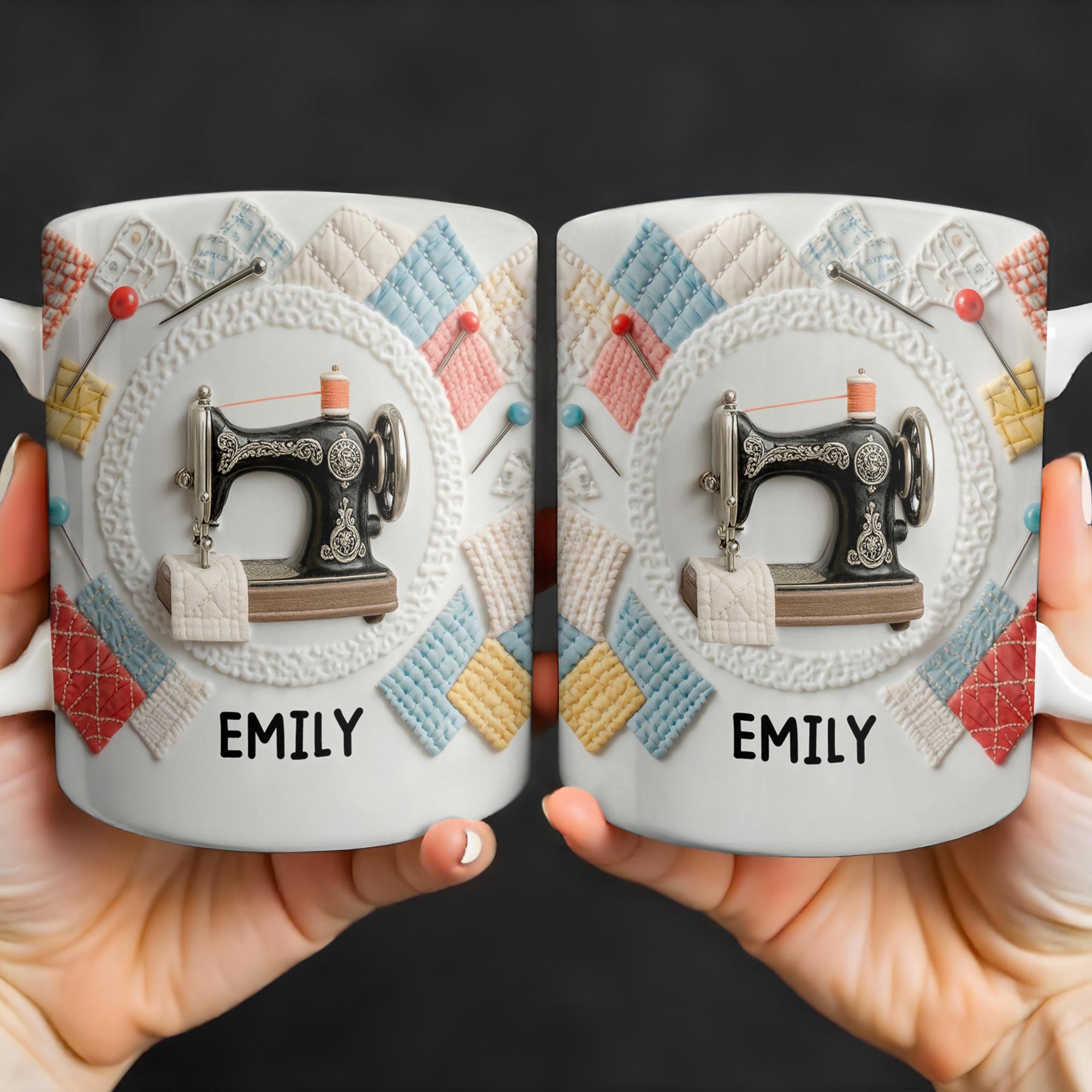 Vintage Sewing Machine and Colorful Quilt Design - Personalized Custom Coffee Mug - JBS078_MG