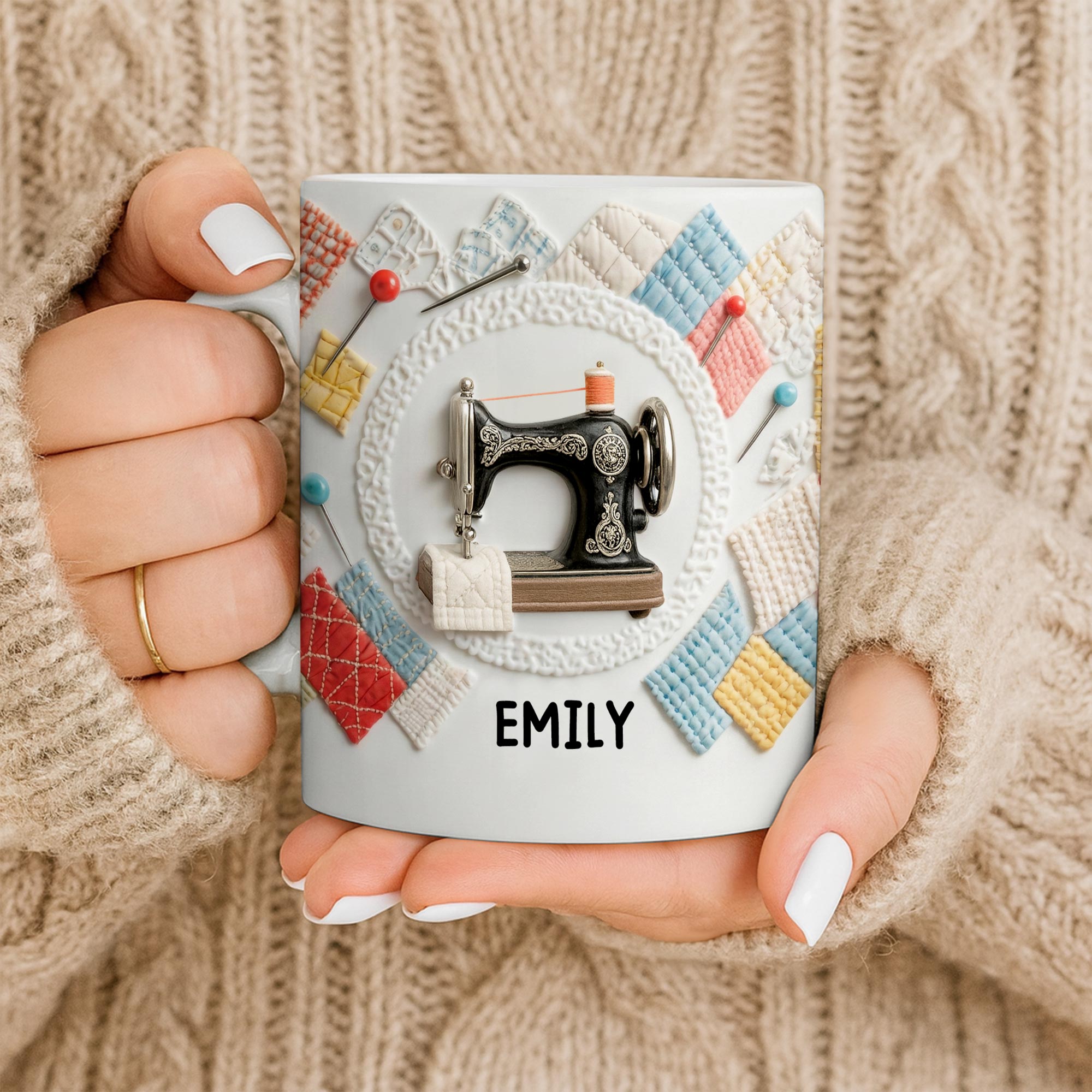 Vintage Sewing Machine and Colorful Quilt Design - Personalized Custom Coffee Mug - JBS078_MG