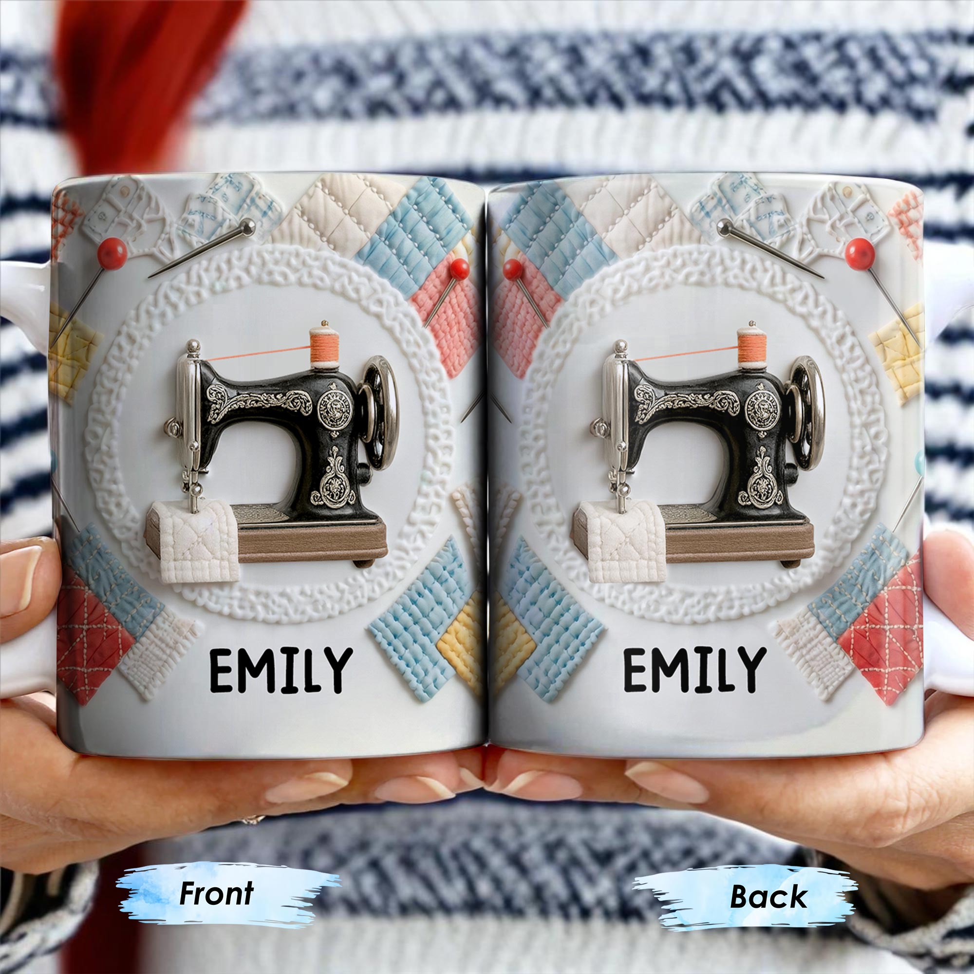 Vintage Sewing Machine and Colorful Quilt Design - Personalized Custom Coffee Mug - JBS078_MG