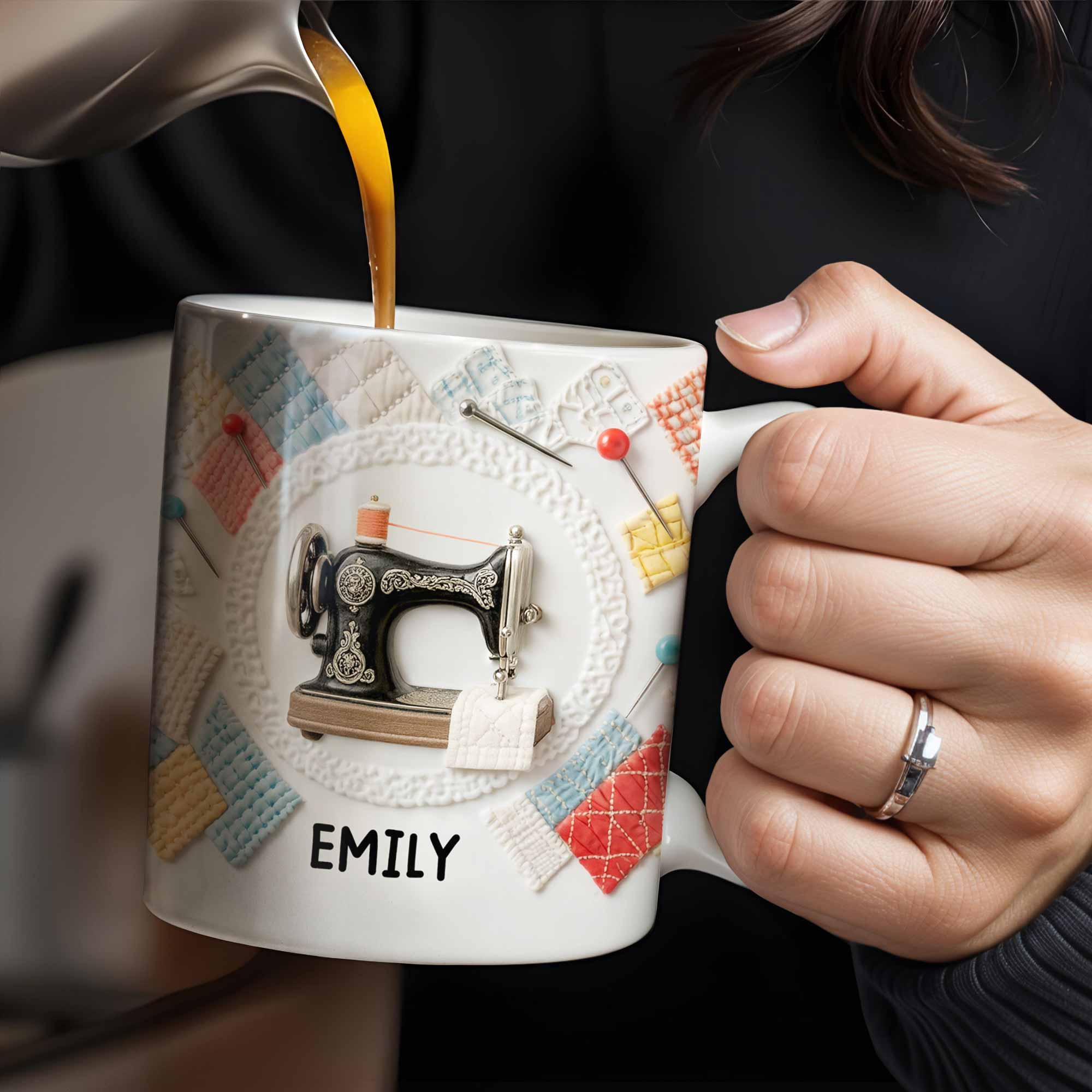Vintage Sewing Machine and Colorful Quilt Design - Personalized Custom Coffee Mug - JBS078_MG