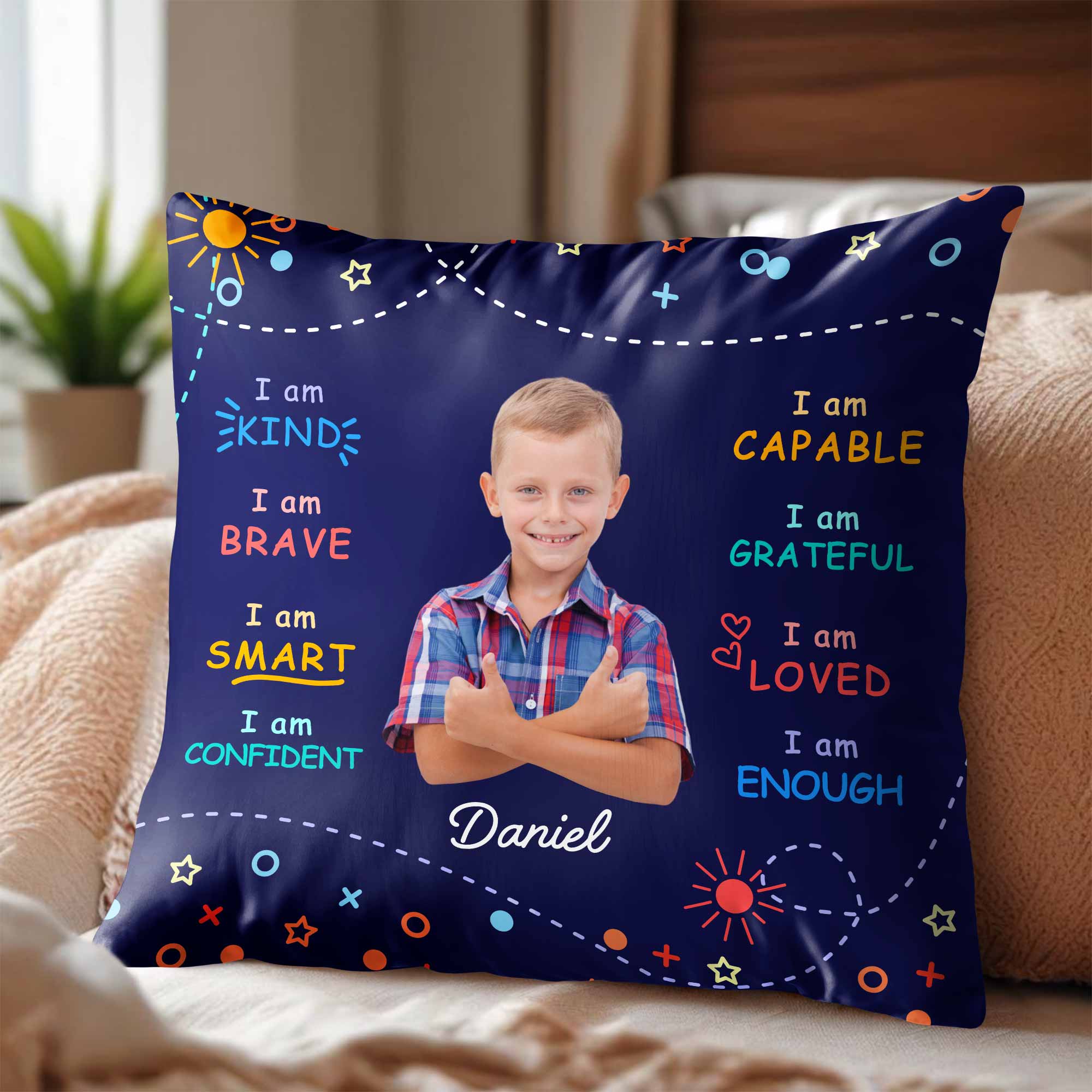 I Am Kind, Brave, and Smart Pillow with Sun and Stars - Personalized Custom Pillow, Insert Included - KID028_PLW
