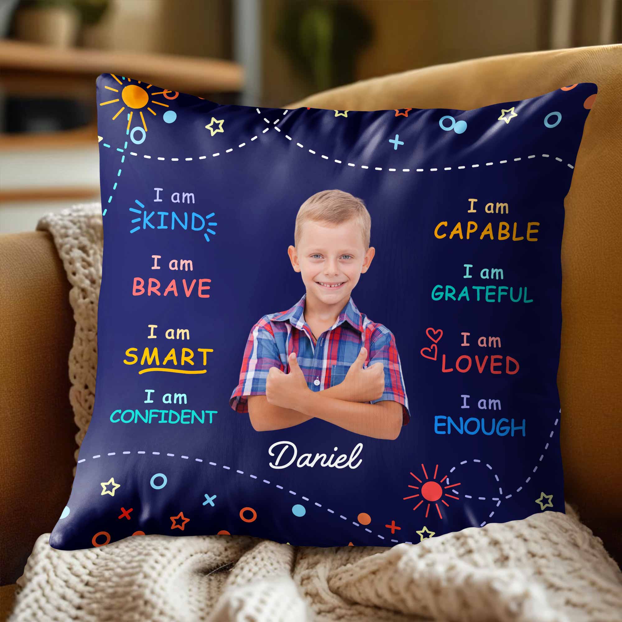 I Am Kind, Brave, and Smart Pillow with Sun and Stars - Personalized Custom Pillow, Insert Included - KID028_PLW