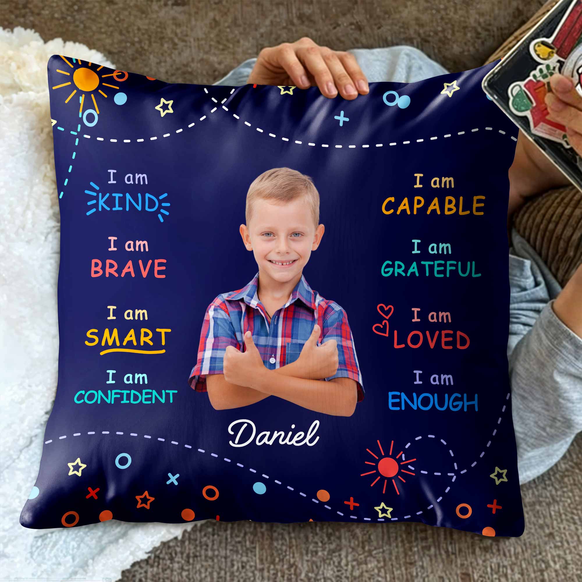 I Am Kind, Brave, and Smart Pillow with Sun and Stars - Personalized Custom Pillow, Insert Included - KID028_PLW