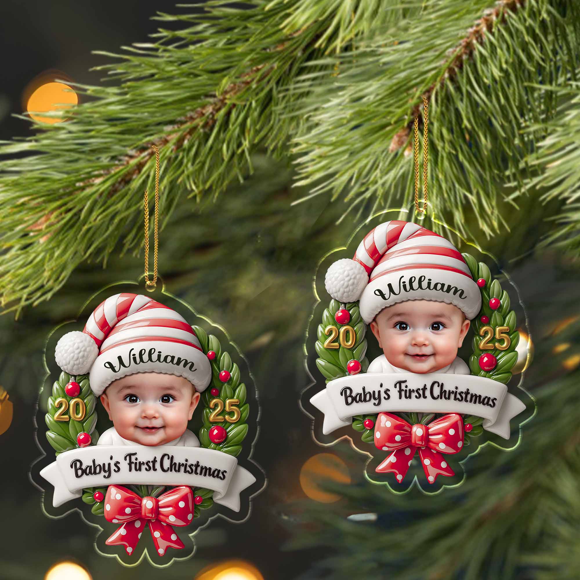 Baby's First Christmas, Baby and Christmas Wreath - Personalized Custom Acrylic Ornament, Christmas Gift - KID152_ACO