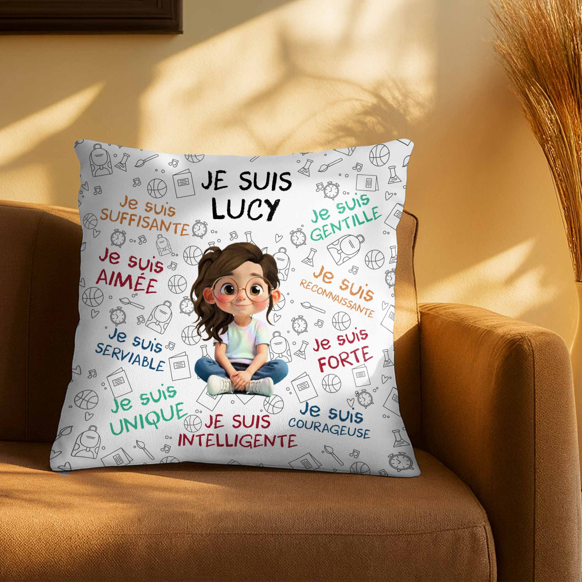 Je Suis Unique, Courteous, Loved, Custom Cartoon Girl Pillow - Personalized Custom Pillow, Insert Included - KID316_PLW