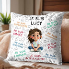 Je Suis Unique, Courteous, Loved, Custom Cartoon Girl Pillow - Personalized Custom Pillow, Insert Included - KID316_PLW