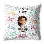 Je Suis Unique, Courteous, Loved, Custom Cartoon Girl Pillow - Personalized Custom Pillow, Insert Included - KID316_PLW