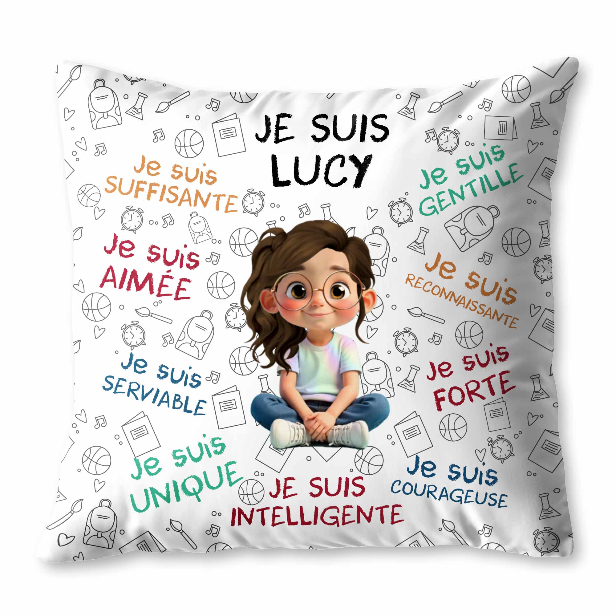 Je Suis Unique, Courteous, Loved, Custom Cartoon Girl Pillow - Personalized Custom Pillow, Insert Included - KID316_PLW