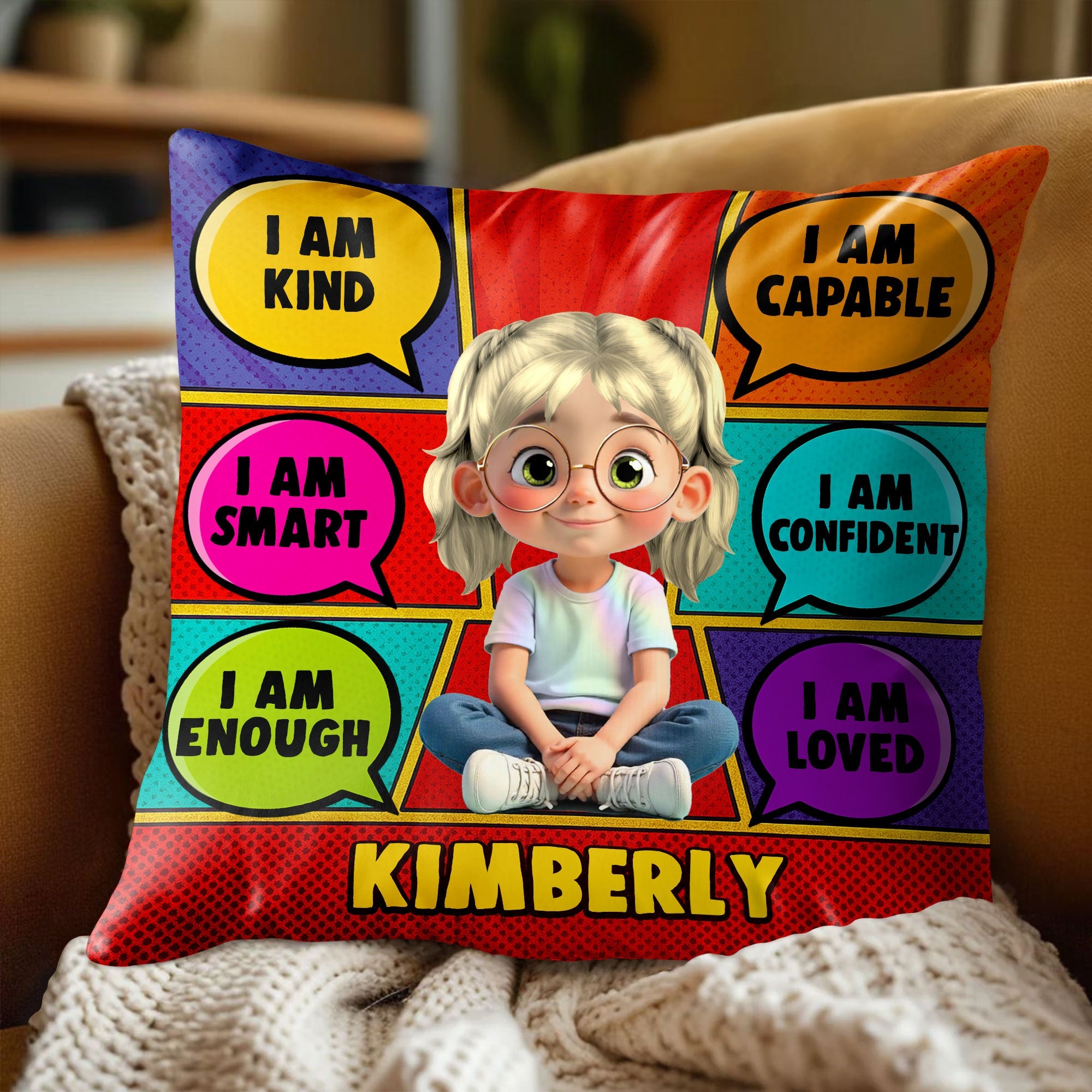 I Am Kind, Smart, Capable Comic Style Positive Affirmations Pillow