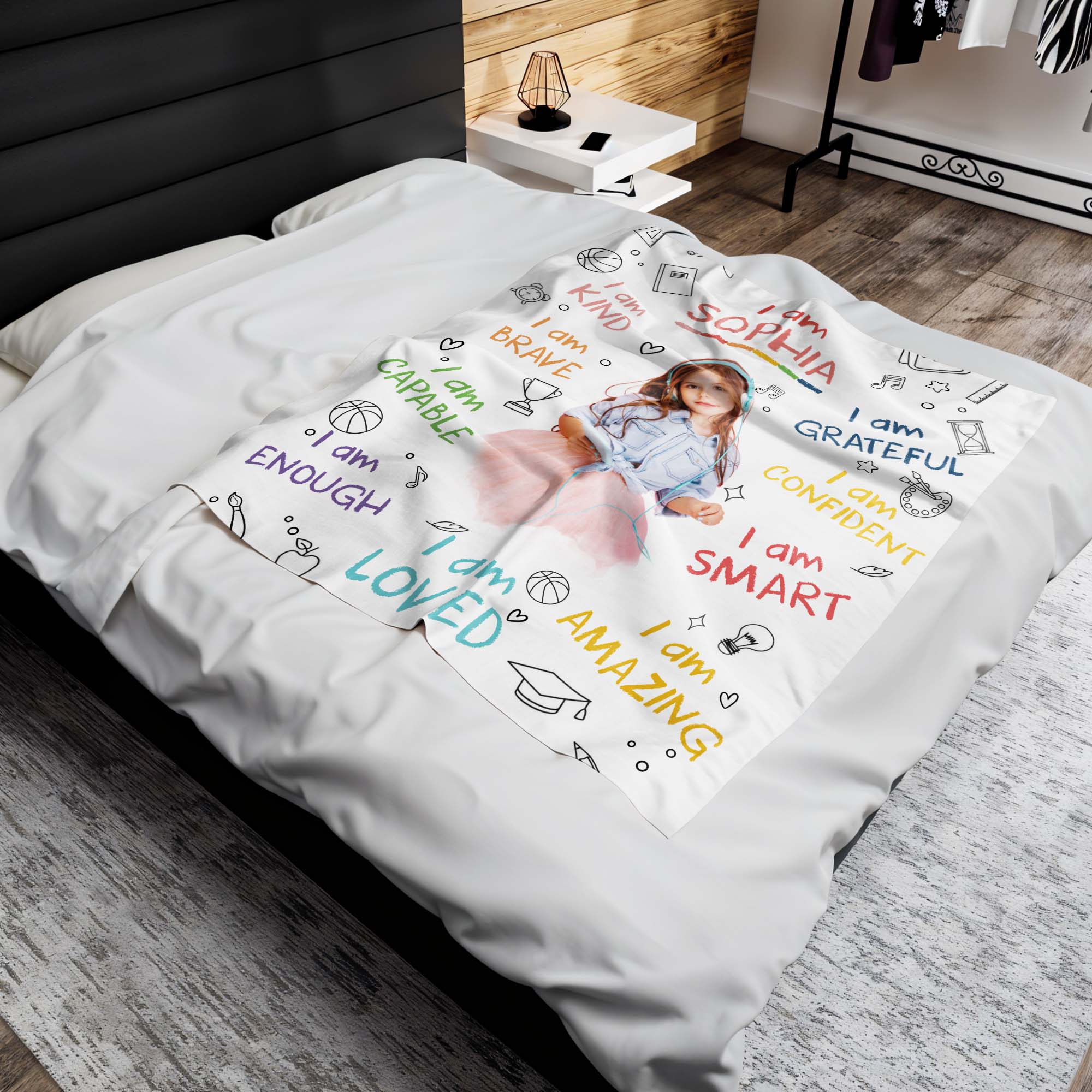 I Am Kind, Brave, Capable, Loved Blanket With Positive Affirmations - Personalized Custom Blanket - KID336_BLK