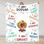 I Am Enough, Loved, Helpful, Unique, Smart, Brave, Strong, Kind, Grateful - Personalized Custom Blanket - KID399_BLK