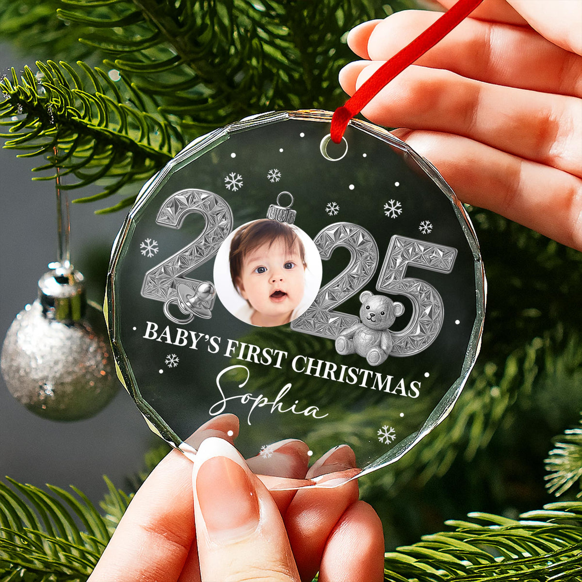 Baby’s First Christmas With Teddy Bear And Snowflakes