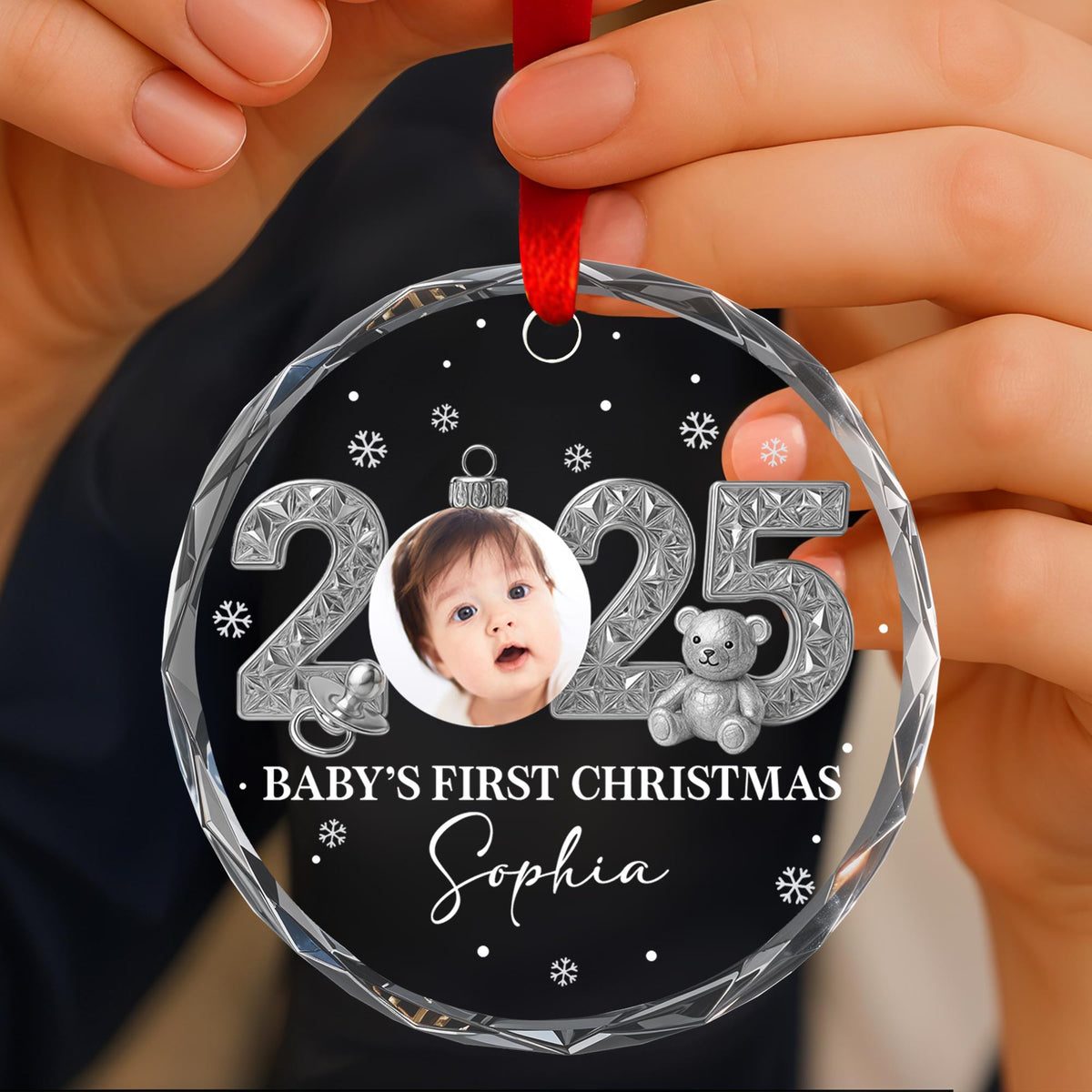 Baby’s First Christmas With Teddy Bear And Snowflakes