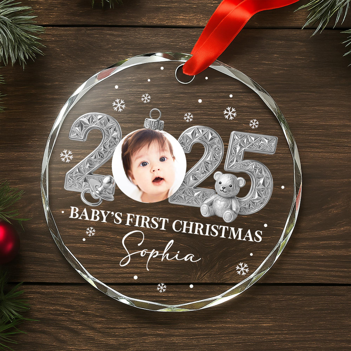 Baby’s First Christmas With Teddy Bear And Snowflakes