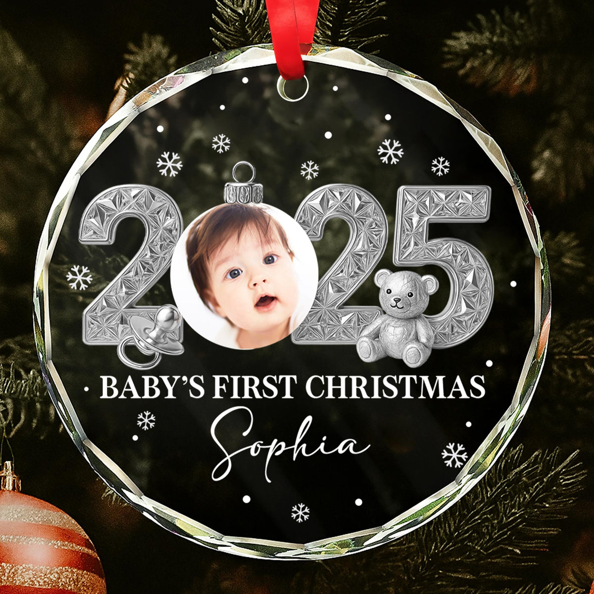 Baby’s First Christmas With Teddy Bear And Snowflakes