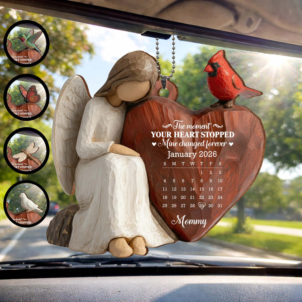 The Moment Our Heart Stopped Heart Calendar Angel Cardinal - Personalized Custom Wood Ornament, Car Hanging Ornament - HME531_WCA