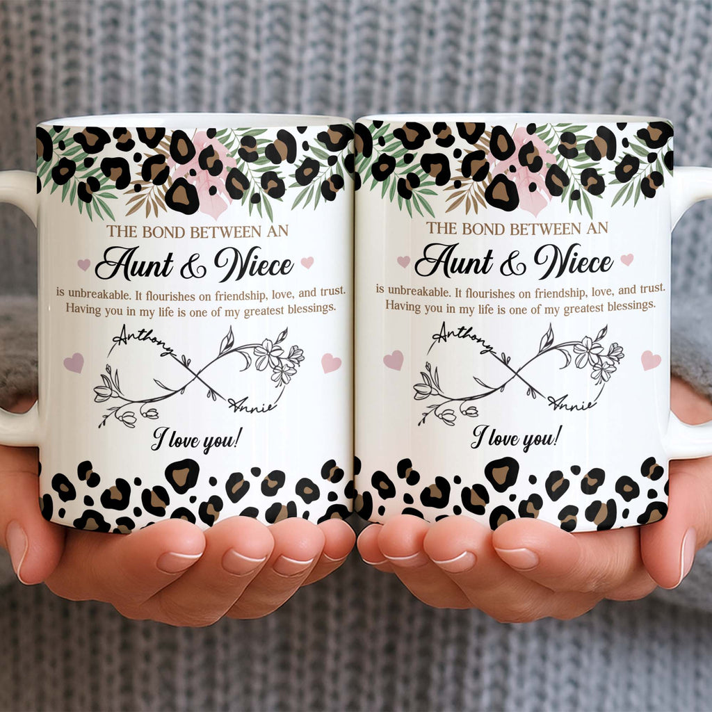 The Bond Between An Aunt & Niece, Leopard Print And Hearts - Personalized Custom Coffee Mug - NCE014_MG