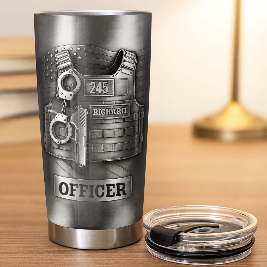 Beloved Officer Personalized Tumbler With Police Badge, Handcuffs, Pistol