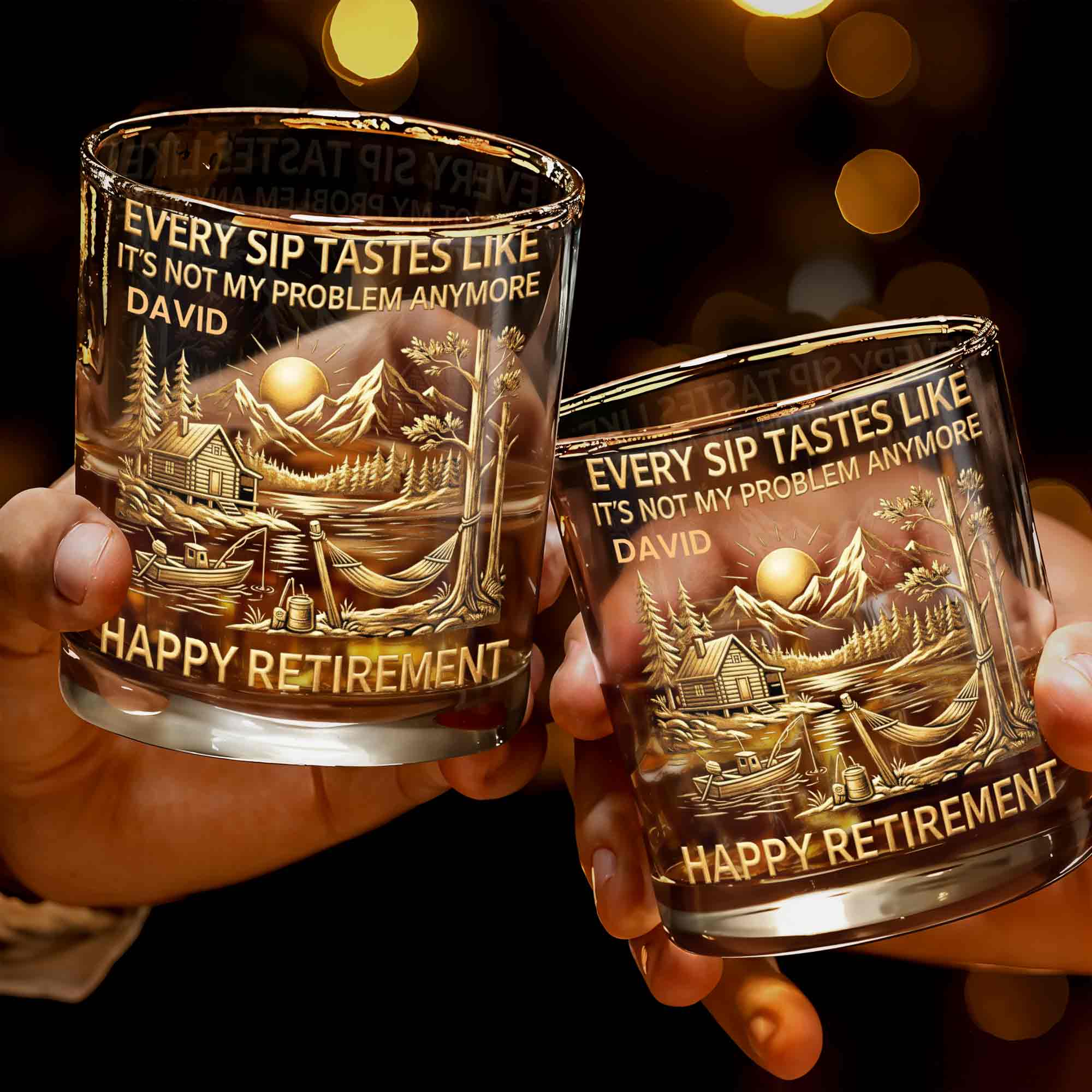 Happy Retirement, Mountains, Cabin, Lake And Sunset Design