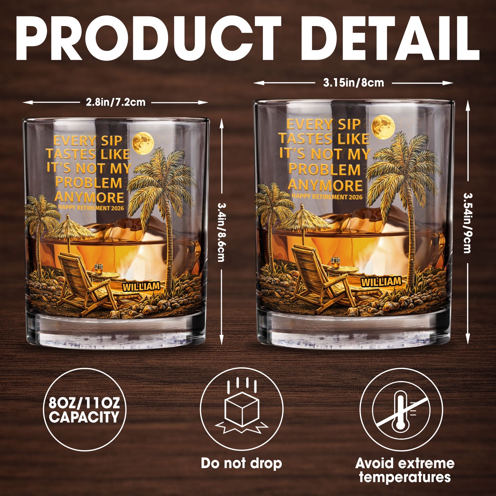 Every Sip Tastes Like It's Not My Problem Anymore, Palm Trees and Sunset - Personalized Custom Whiskey Glass - RETIRE024_RWG