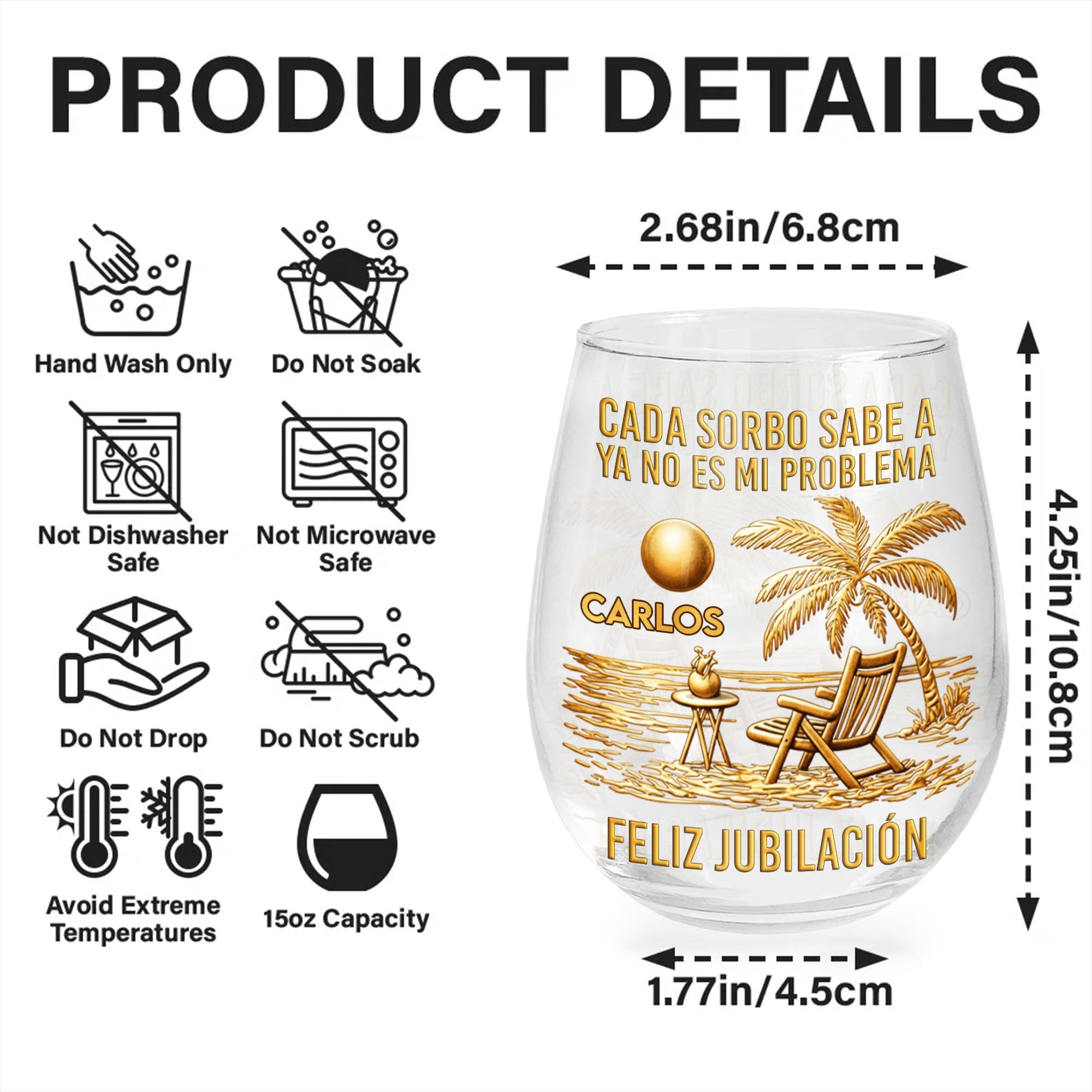 Cada Sorbo Sabe A Ya No Es Mi Problema Feliz Jubilación Palm Tree Beach - Personalized Stemless Wine Glass - RETIRE036_WIGL
