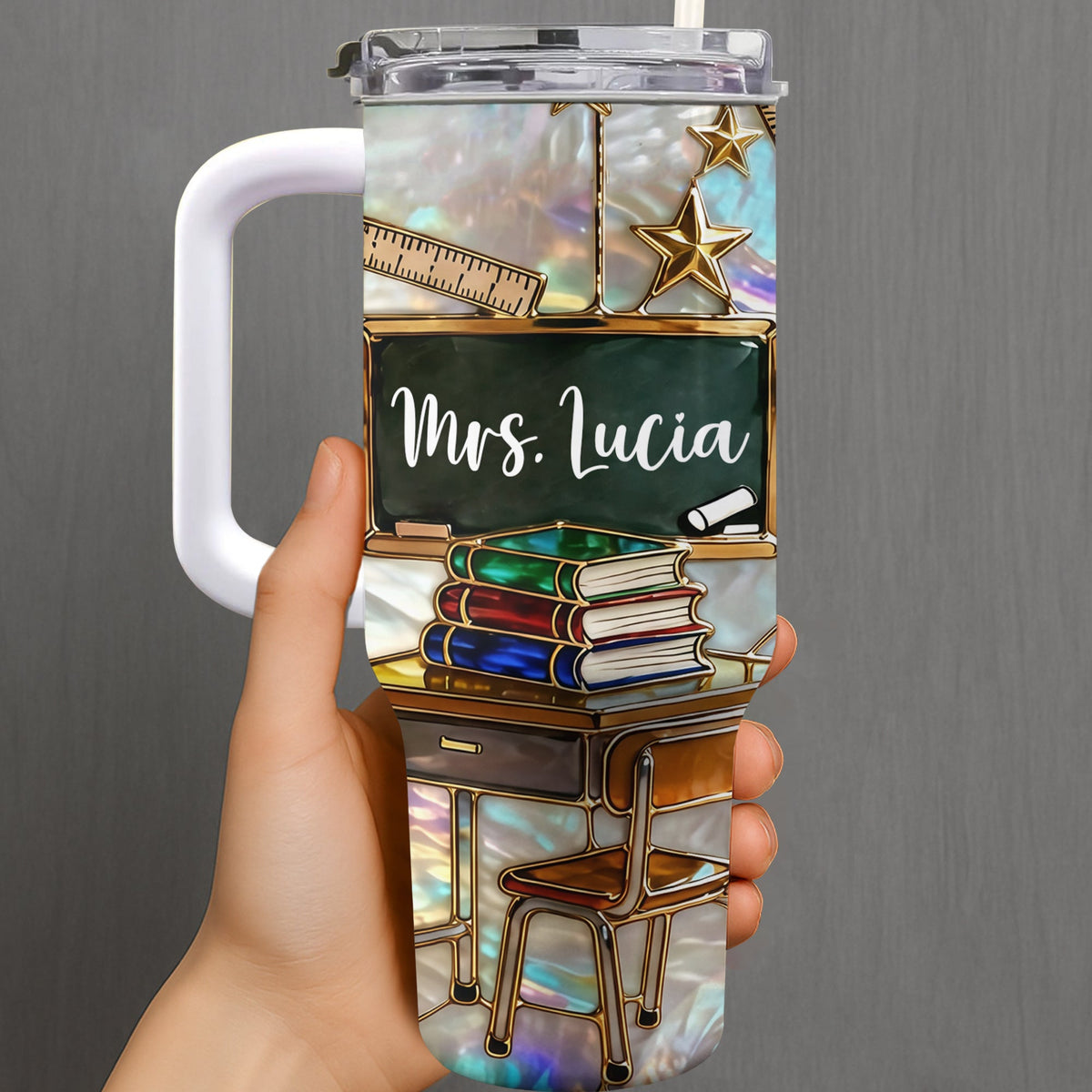 Mrs Teacher With Books Chalkboard And Stars School Design - Personalized 40oz Tumbler With Straw - TEACH070_TBS