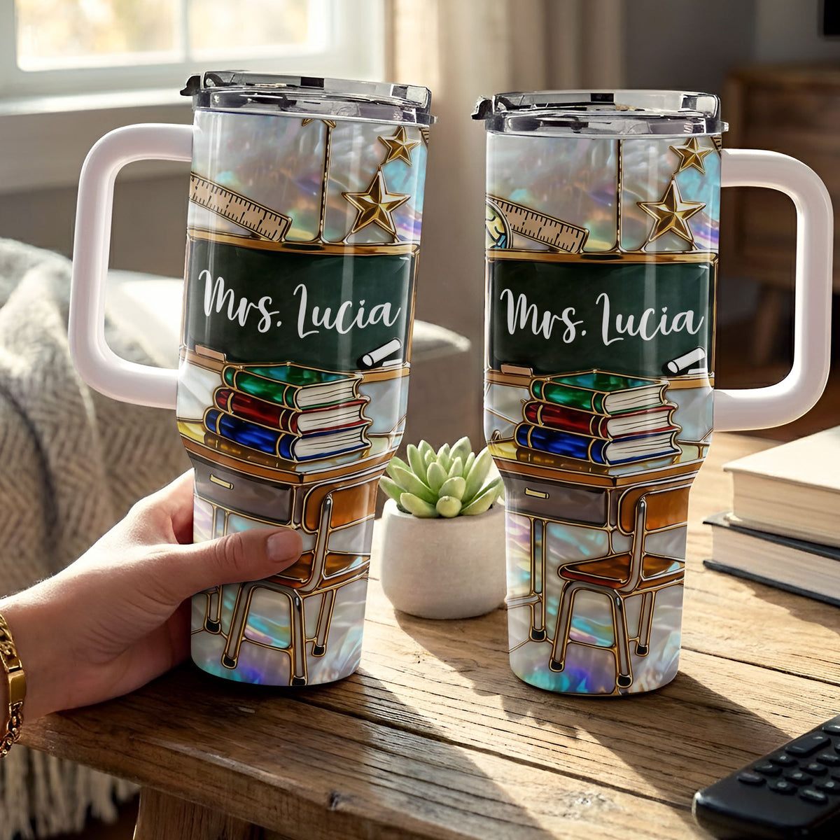 Mrs Teacher With Books Chalkboard And Stars School Design