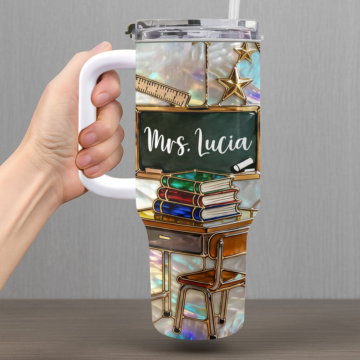Mrs Teacher With Books Chalkboard And Stars School Design