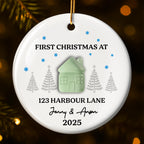 First Christmas At [Customizable Address] With Snowflakes And Trees