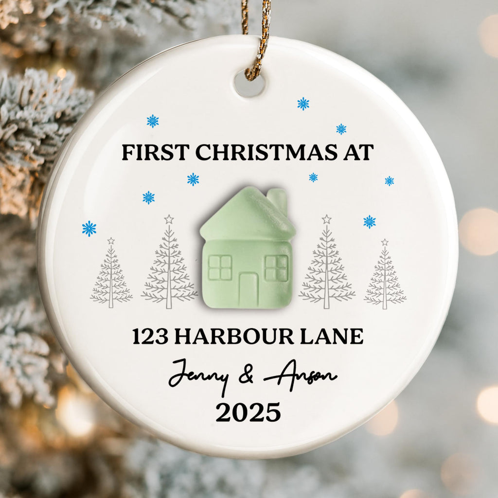 First Christmas At [Customizable Address] With Snowflakes And Trees