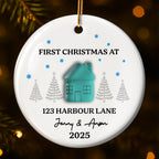 First Christmas At [Customizable Address] With Snowflakes And Trees