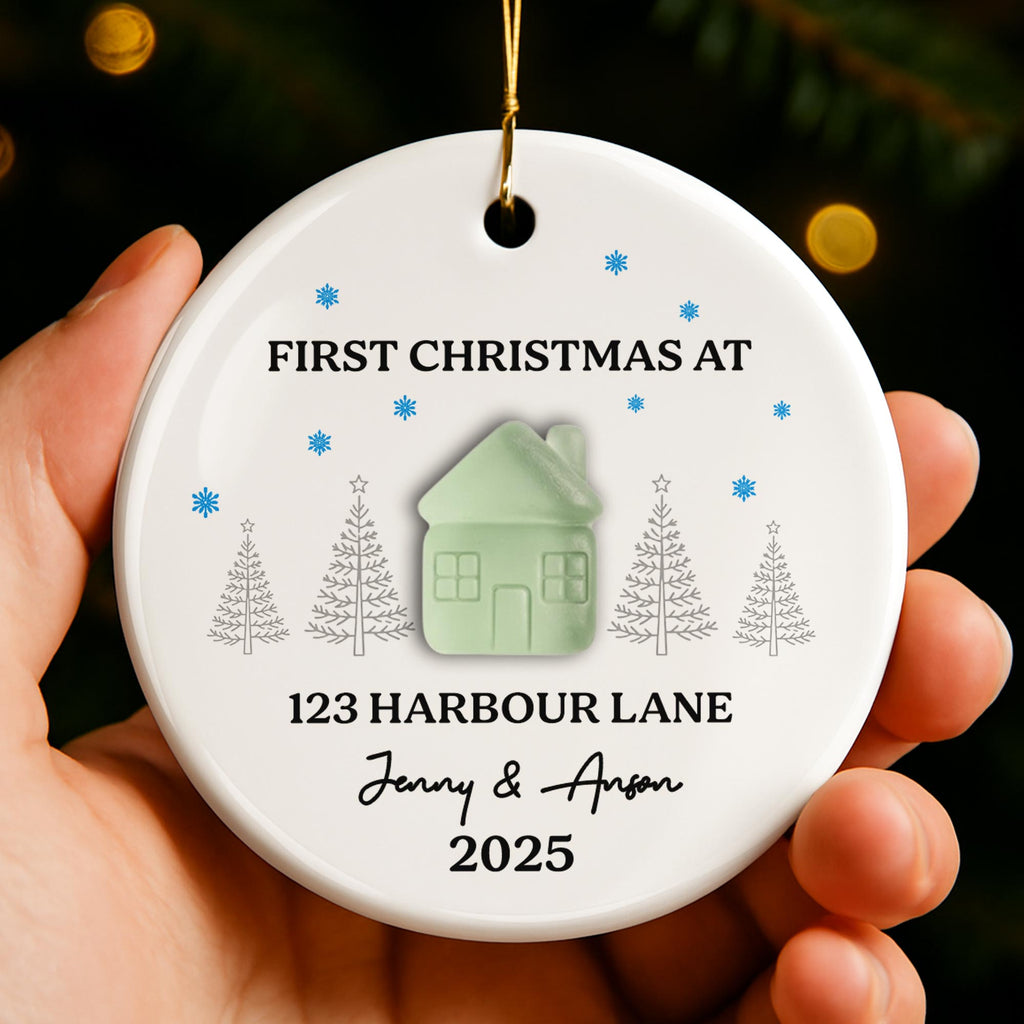 First Christmas At [Customizable Address] With Snowflakes And Trees