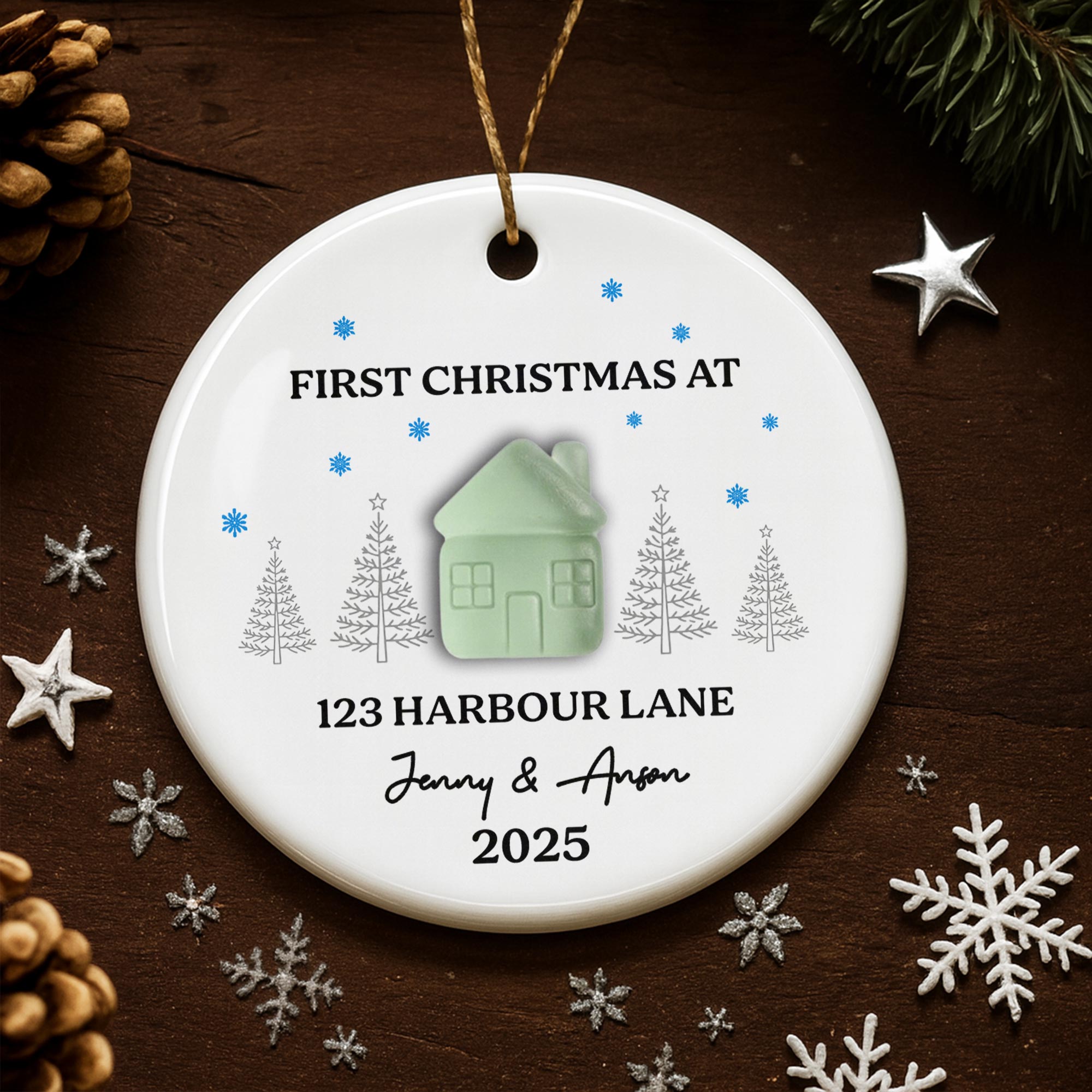First Christmas At [Customizable Address] With Snowflakes And Trees