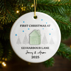 First Christmas At [Customizable Address] With Snowflakes And Trees