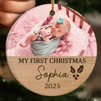My First Christmas Holly And Wood Design - Personalized Custom Ceramic Ornament With Round Shape - XMAS193_RCE