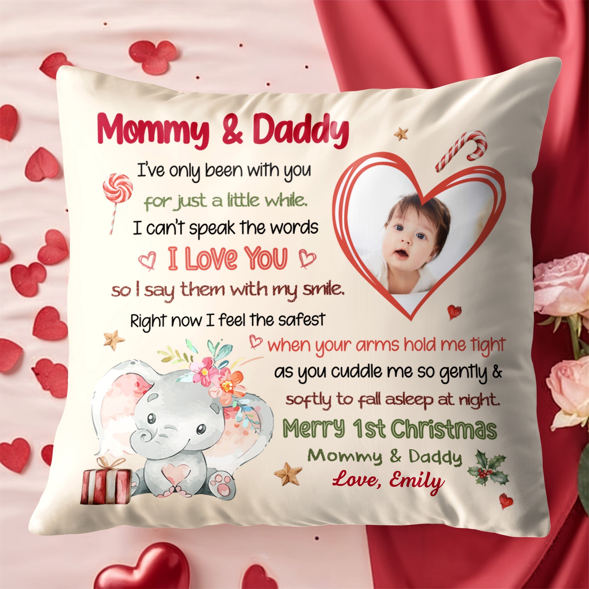 Merry 1st Christmas With Elephant, Flowers And Heart